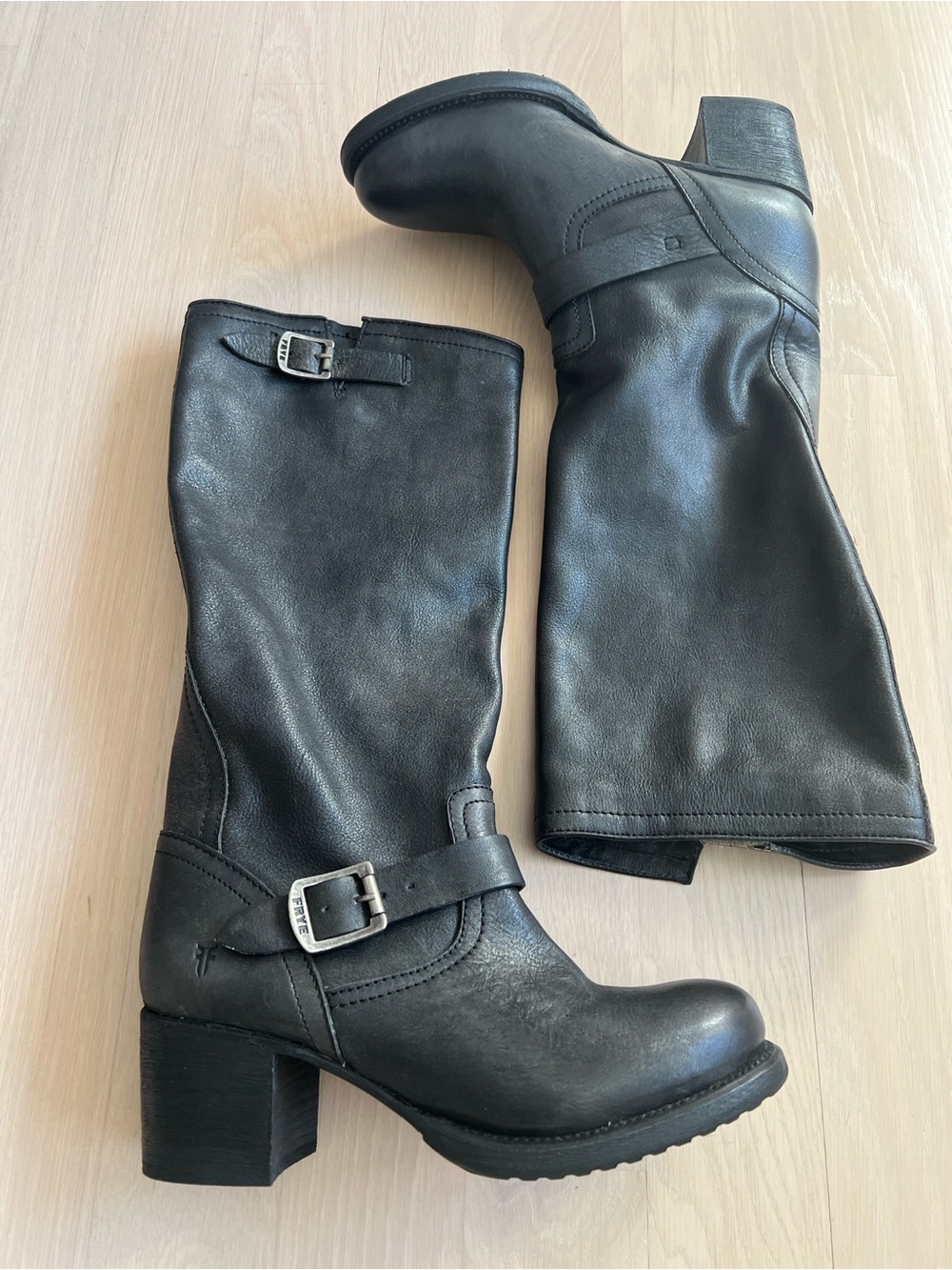 Frye Black Leather Over-the-Knee Buckle Boots